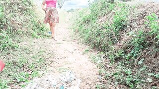 The fun of the Asian couple meeting at the edge of the forest