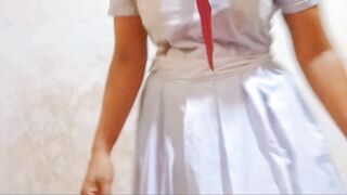 Sexy college girl with pipy with uniform. College girl hot video after school hot and sexy time. Evening fun in room with mobile